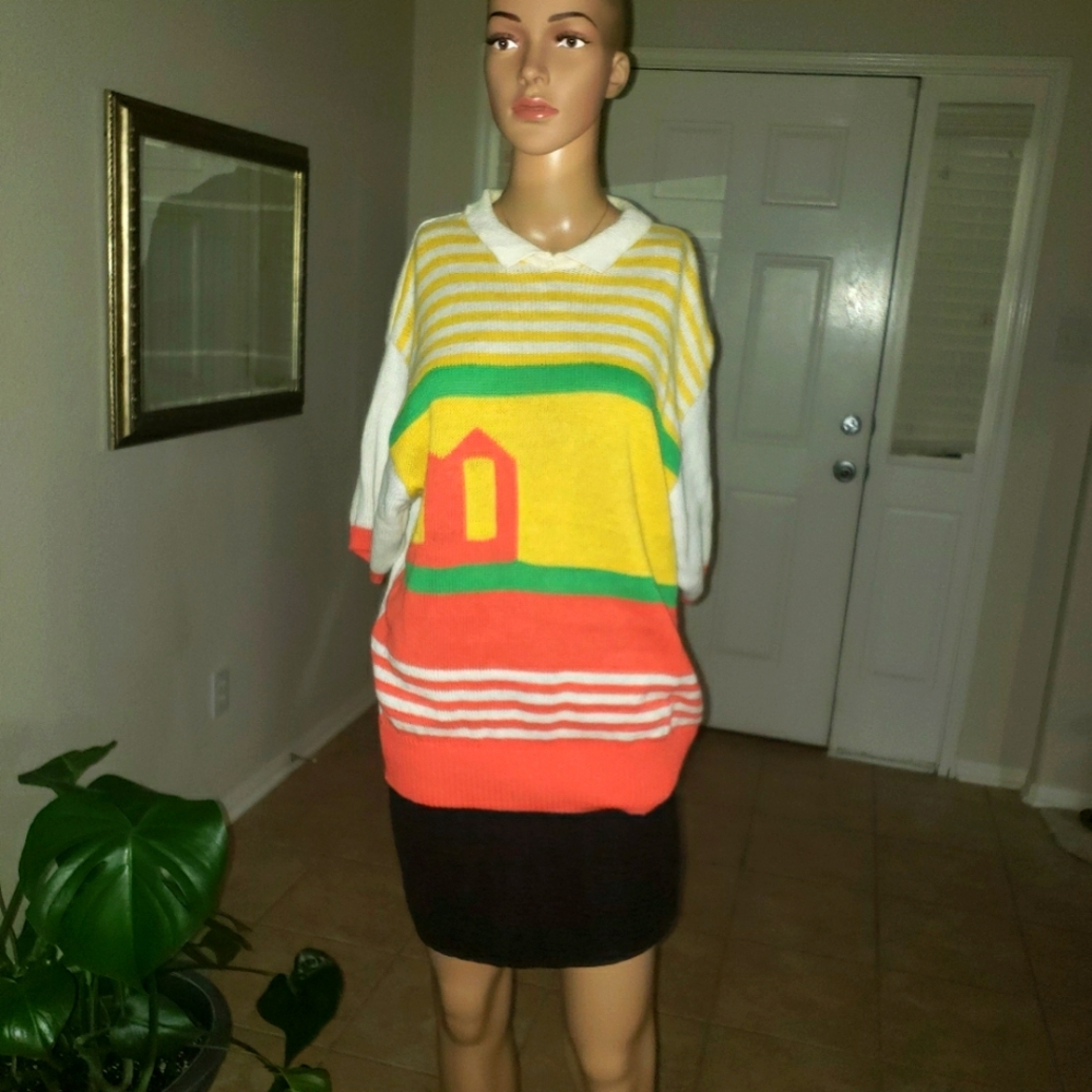 Quail Crossing L vintage open knit sweater Peter pan collar home sweet home